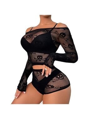 Fishnet chemise bodysuit dress lingerie set long sleeve sexy 2pc SKULLS HOT NWT